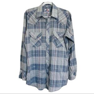 Vintage Miller Westernwear Pearl Snap Button Blue Plaid Shirt Cowboy Rodeo Men M